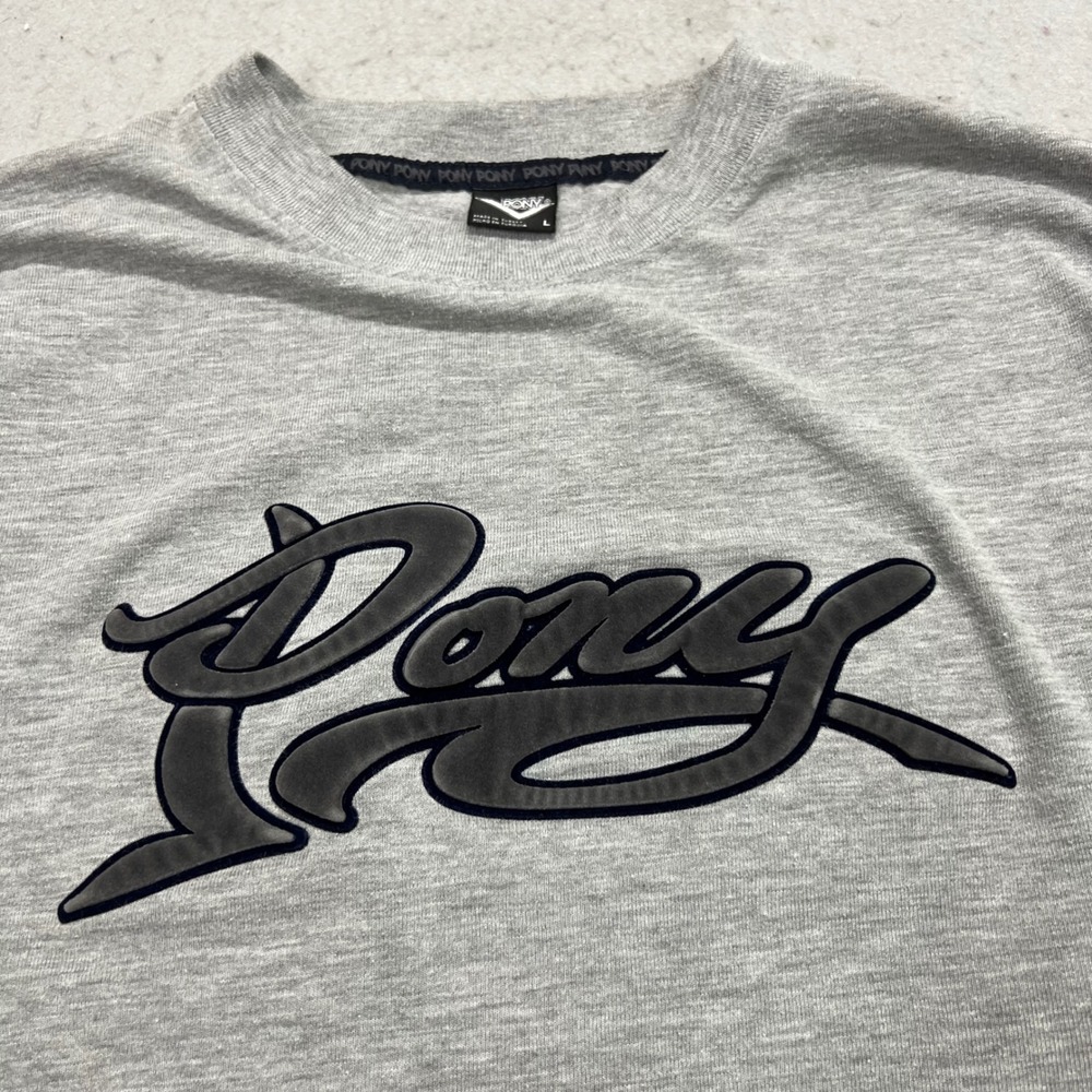 Vintage Y2K PONY T-Shirt Mens Large Gray Script Logo Streetwear Short Sleeve